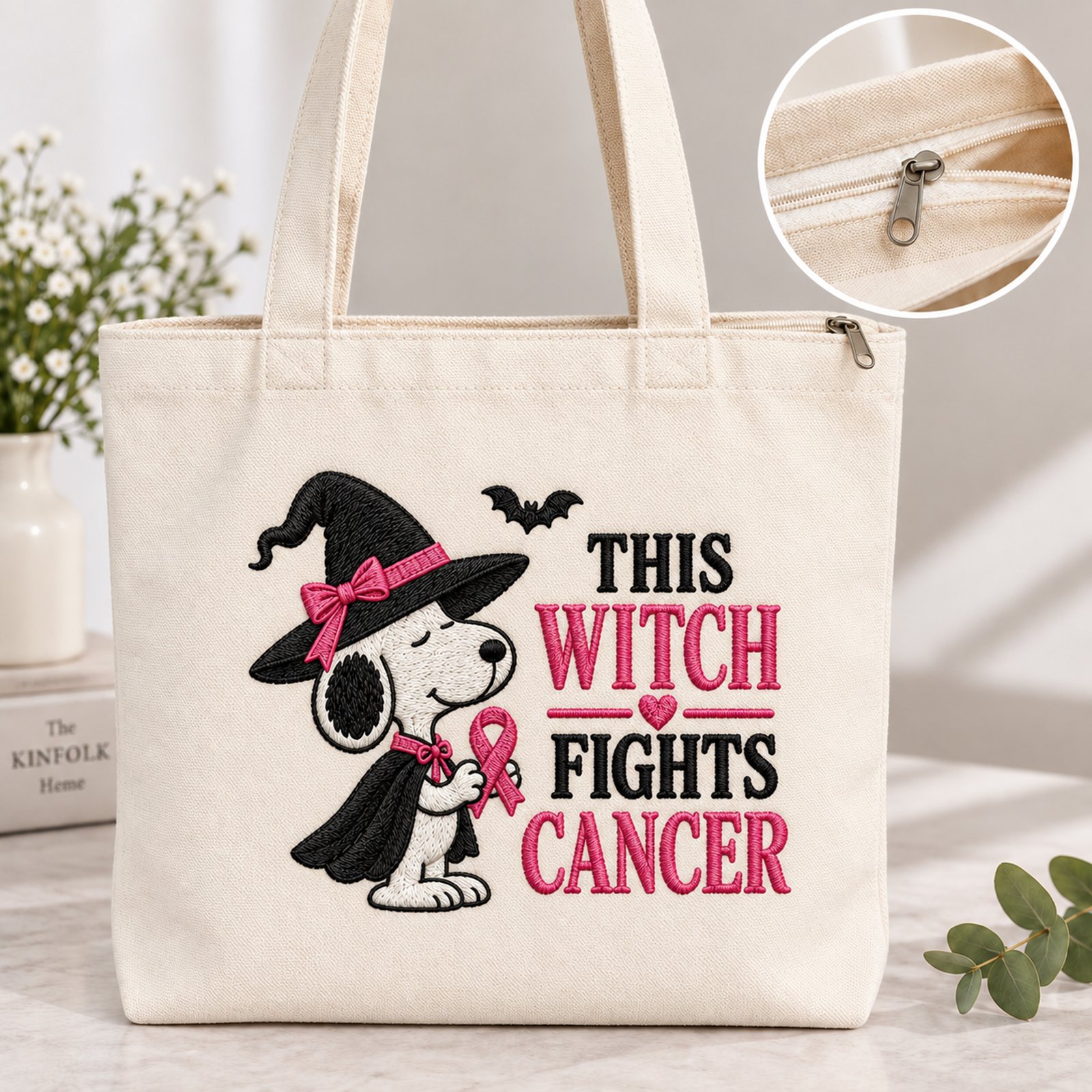 Witch Breast Cancer Awareness Embroidered Tote Bag – Pink Ribbon Canvas Bag