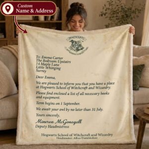 Personalized Hogwarts Acceptance Letter Blanket – Custom Name & Address Wizarding Gift for Fans