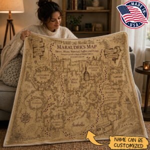 Personalized Marauder’s Map Blanket – Custom Name Hogwarts Map Gift for Fans