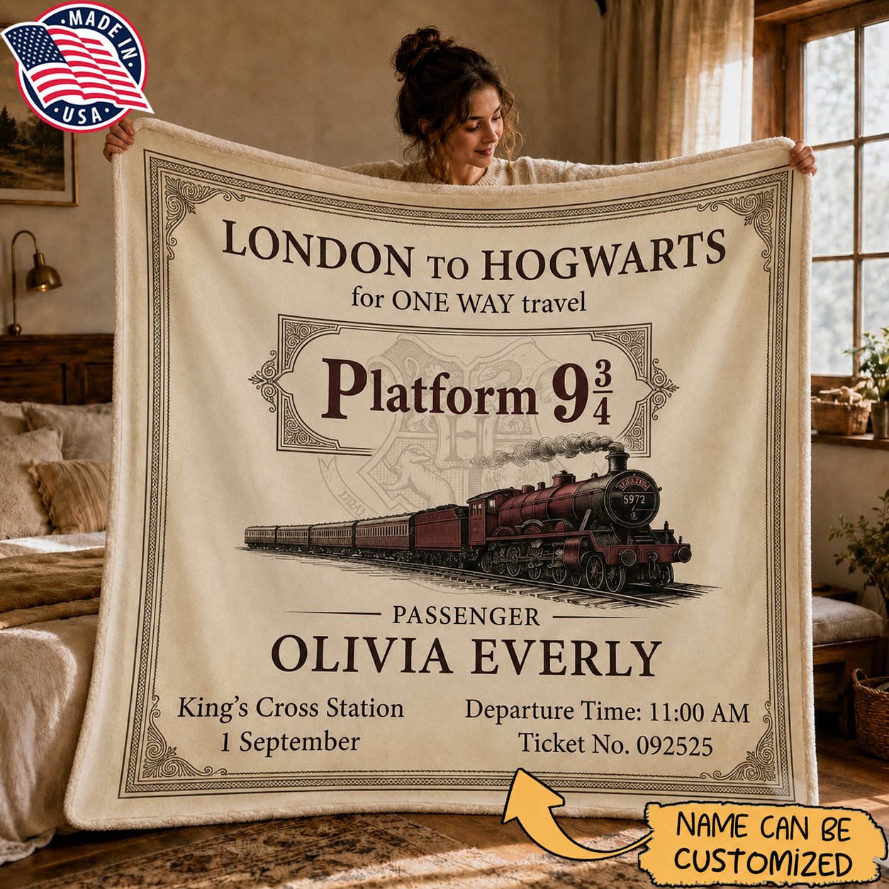 Personalized Hogwarts Express Ticket Blanket – Custom Name Platform 9¾ Gift for Harry Potter Fans