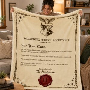 Personalized Wizarding School Acceptance Letter Blanket – Custom Name Magical Gift for Fans