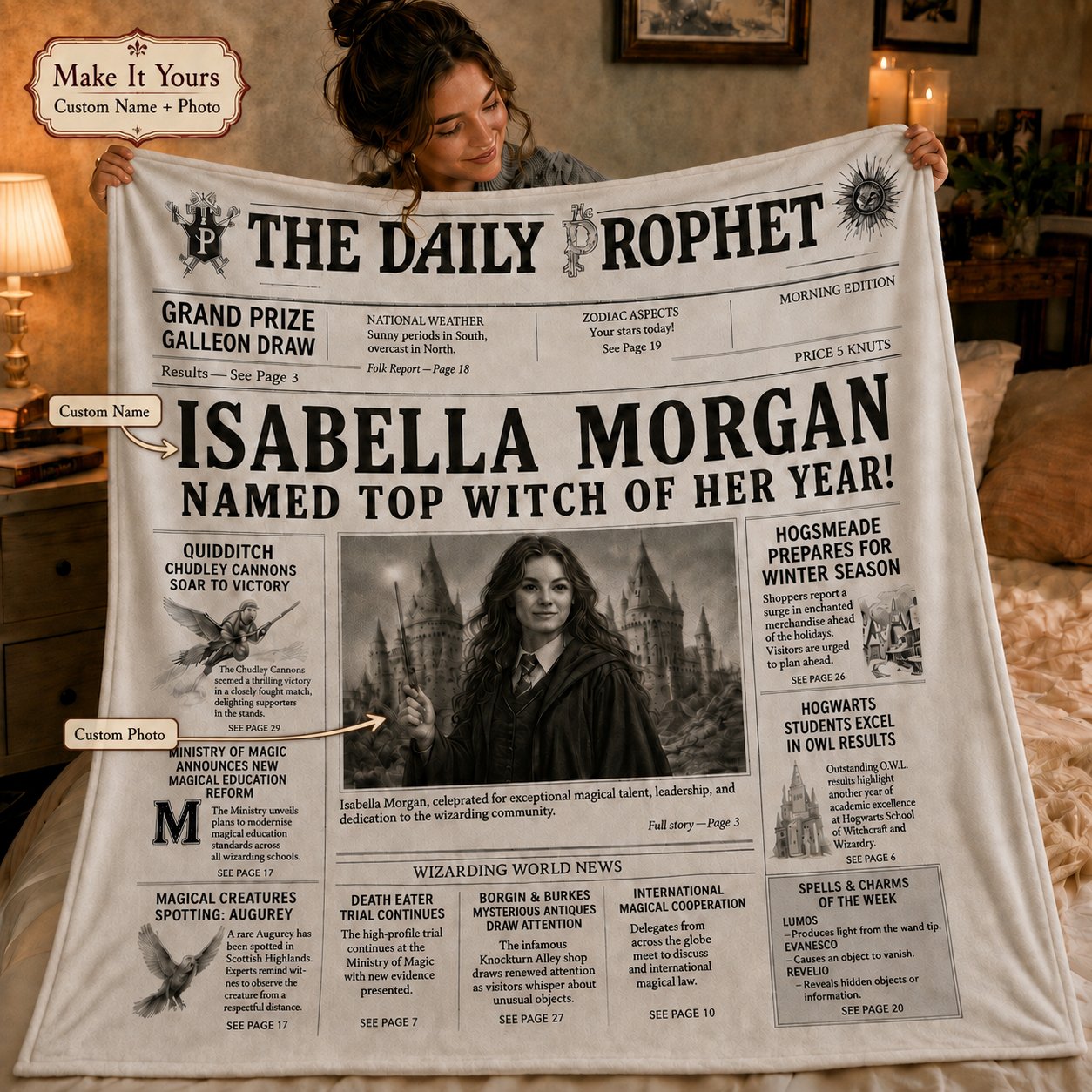 Personalized Daily Prophet Blanket – Custom Name & Photo Wizarding Newspaper Gift for Fans
