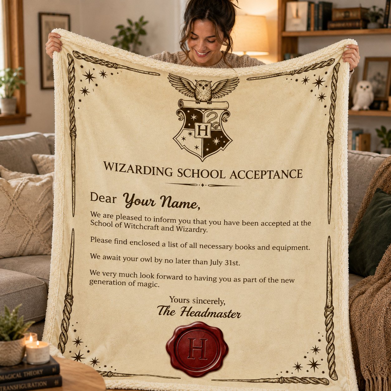 Personalized Wizarding School Acceptance Letter Blanket – Custom Name Magical Gift for Fans