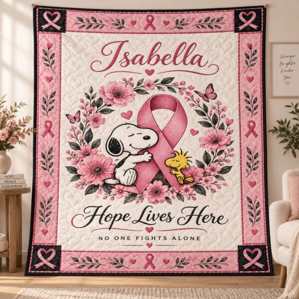 Personalized Breast Cancer Awareness Quilt – Hope Lives Here Floral Ribbon