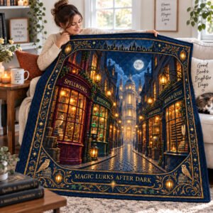 Magic Lurks After Dark Enchanted Shopping Street Quilt – Wizarding Night Decor