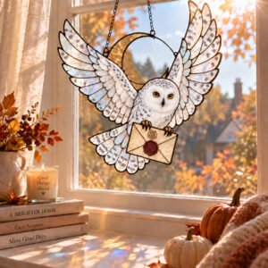 Wizard Owl Letter Stained Glass Suncatcher – Magical Window Hanging Decor